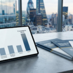 On a polished concrete desk, a sleek, premium tablet displays a clean, minimalist bar chart with one bar, labeled "E-commerce +8.3%", soaring significantly higher than the others.